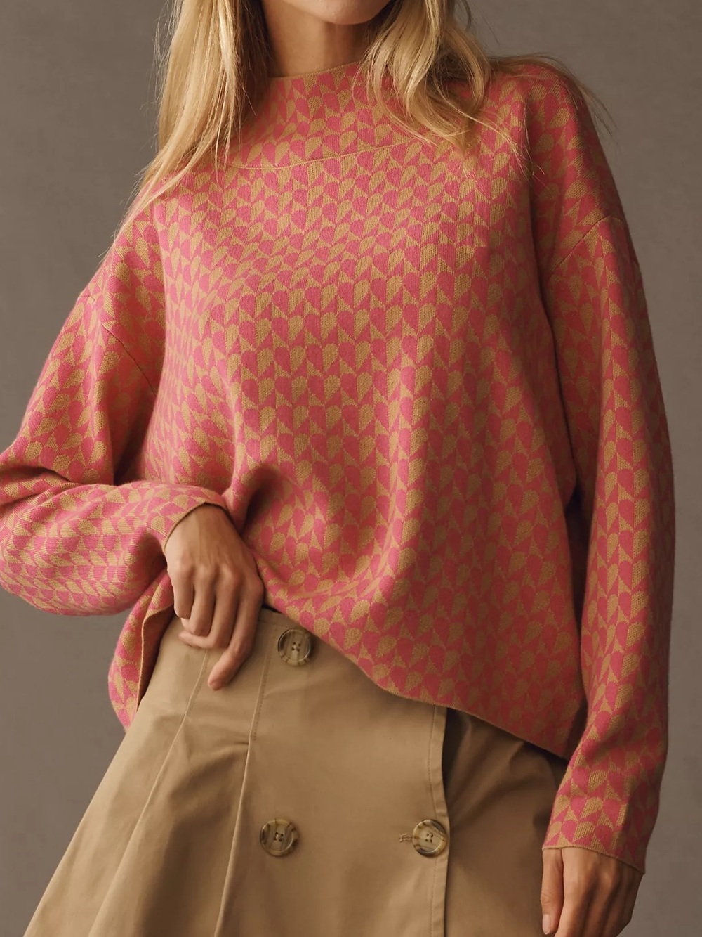 Maeve Anthropologie Carys Turtleneck Sweater Pink Tan Heart Print XL NWT $98